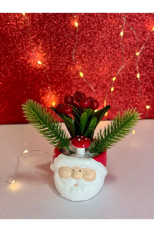 2'li Yeni Yıl Noel Baba ve Kardan Adam Yapay Çiçek Kokinalı Yılbaşı Dekorasyonu Saksı - 3