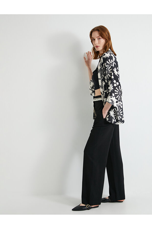 Wide Leg Palazzo Trousers with Waist Detail and Pockets, Viscose Blend