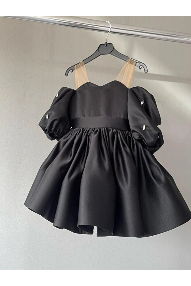 Special Design Black Tulle Strap Stone Detailed Balloon Sleeve Girls' Evening Dress