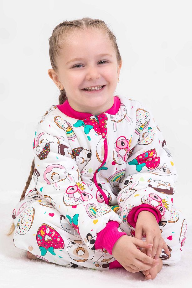Donut Desenli Elyaf Dolgulu Uzun Fermuar Rahat Kullanım Pembe 2,5 Tog Kız Çocuk Uyku Tulumu - 6