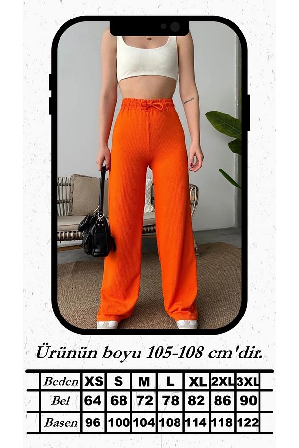 Gofre Kumaş Fitilli Tiril Tiril Bol Paça Pantolon Geniş salaş model - 8