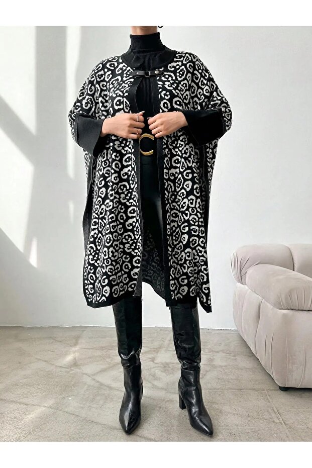 kadın leopar desenli triko panço - 4