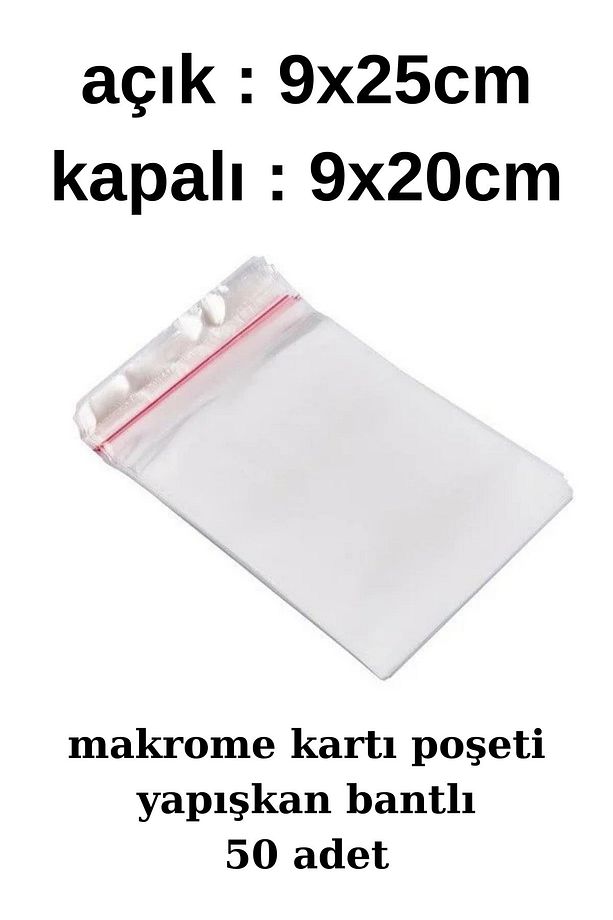 9x25 Makrome Kartı Poşeti - Kapalı Hali 9x20cmdir.  - Makrome Jelatin - 50 Adet - Bantlı Poşet - 1