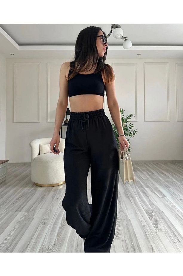 Gofre Kumaş Fitilli Tiril Tiril Bol Paça Pantolon Geniş salaş model - 7