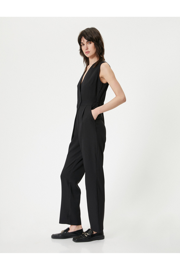 Jumpsuit Double Breasted V Neck Sleeveless Pocket Pleat Detailed