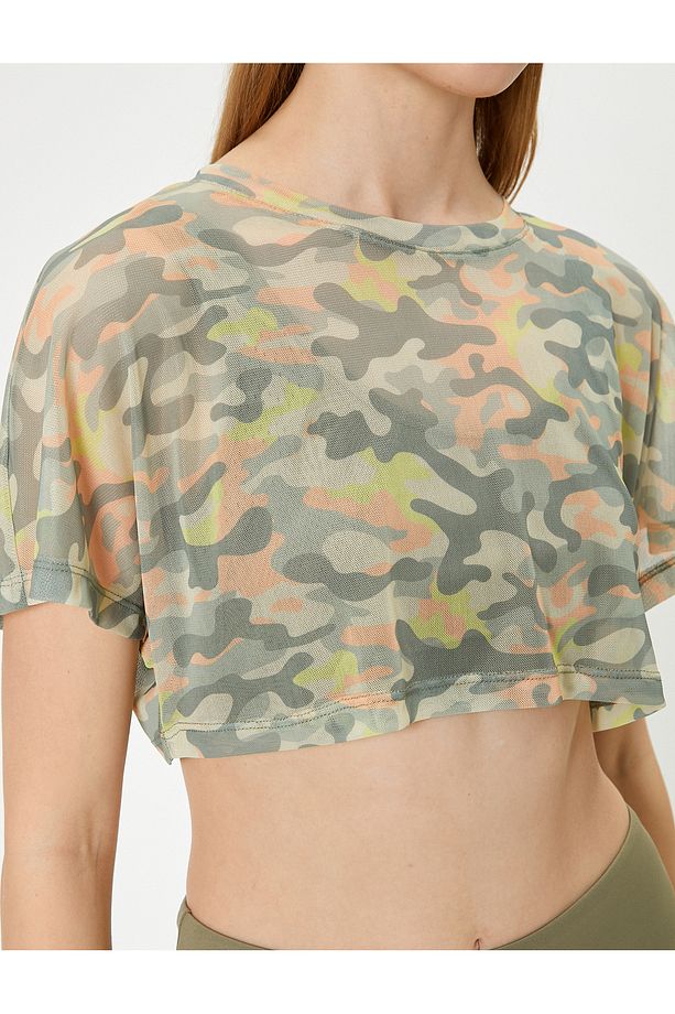 Transparan Crop Tişört Spor Kısa Kollu Bisiklet Yaka Kamuflaj Desenli - 5
