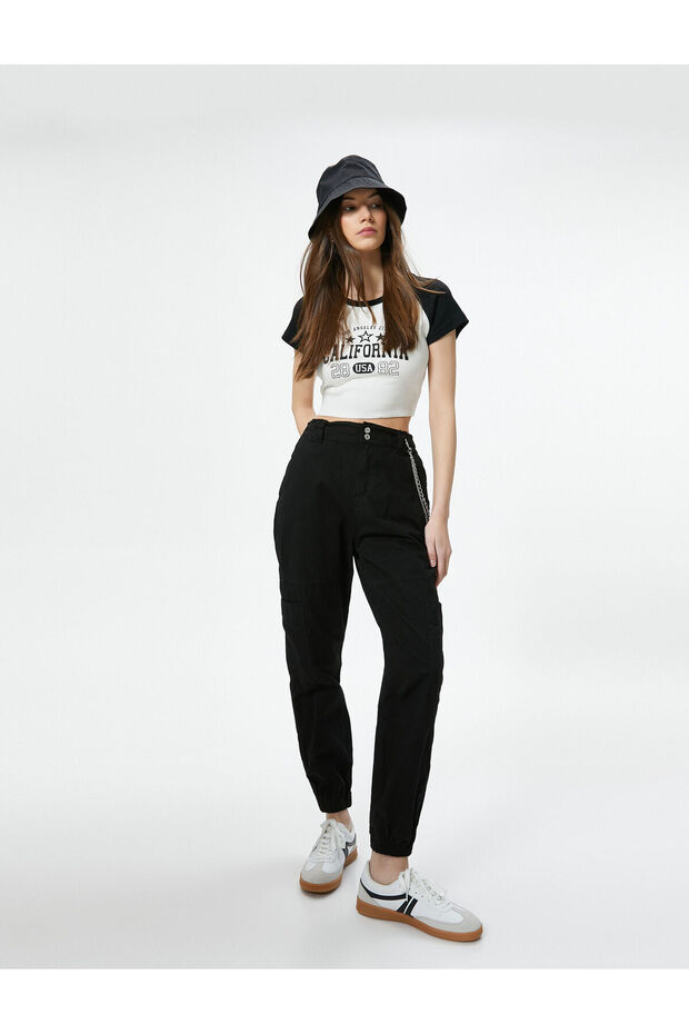 Cargo Jogger Pants Chain Detailed High Waist Cotton