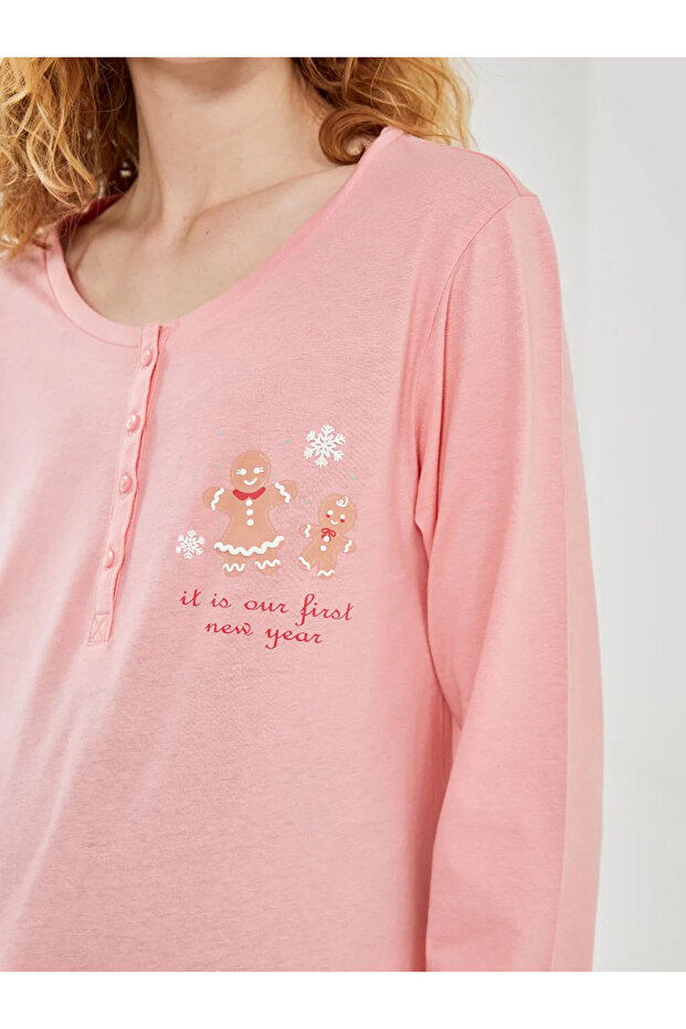 LCW DREAM Ekru Bisiklet Yaka Baskılı Hamile Pijama Takımı - 3