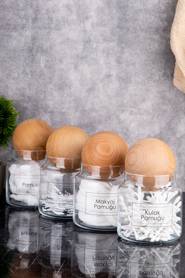 4-Piece Wooden Ball Cap Bathroom Set Ear Makeup Cotton Floss Labeled Storage Container Glass Cotton Set