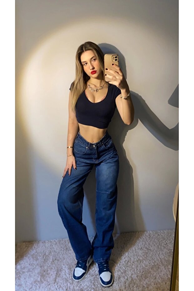 Dark Denim Fabric Basic Wide Leg Jeans - 5