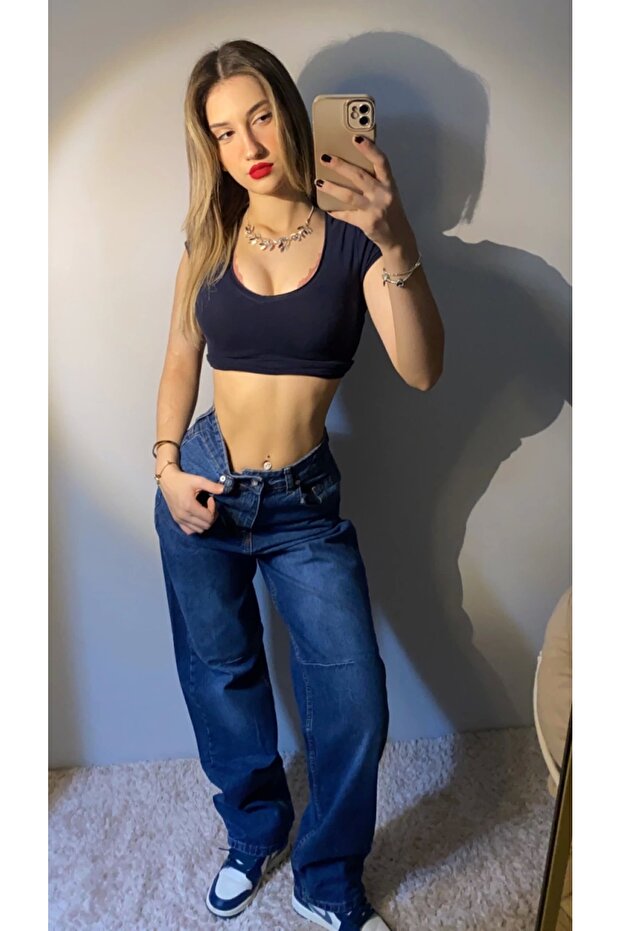 Dark Denim Fabric Basic Wide Leg Jeans - 4