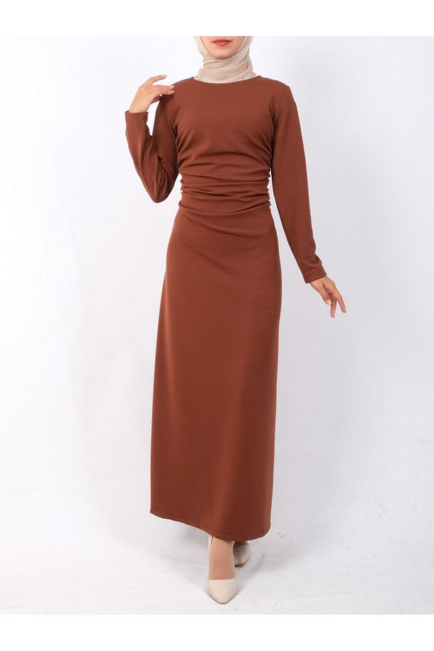 Belden Büzgülü Örme Krep Likralı Elbise -taba - 3