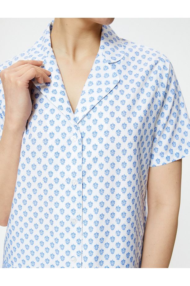 Kısa Kollu Pijama Üstü Çiçekli Düğmeli Gömlek Yaka Pamuklu - 5