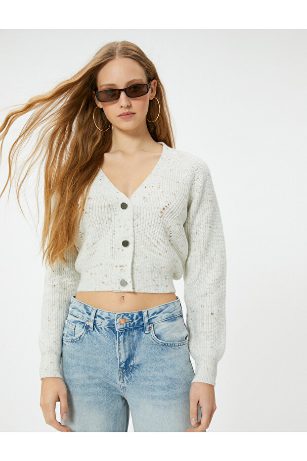 Knitwear Short Cardigan Buttoned Metallic Thread Detailed Long Sleeve V-Neck
