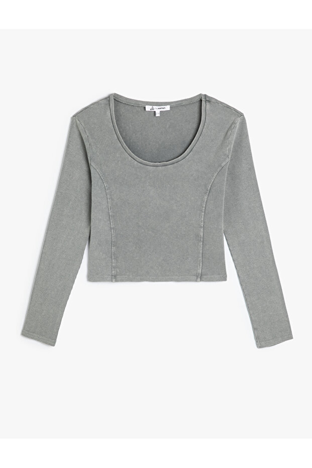 Long Sleeve T-Shirt U Collar Ribbed Pale Effect Cotton