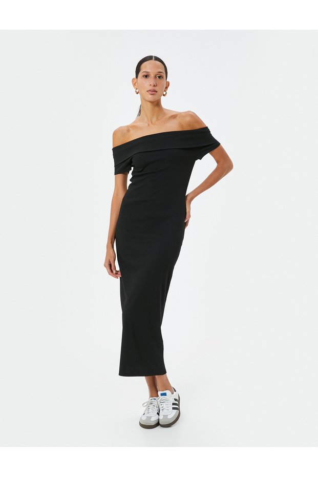 Madonna Collar Long Dress with Off-Shoulder Short Sleeves