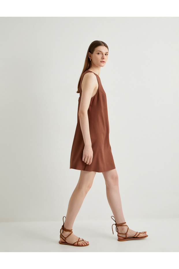 Mini Linen Dress Crew Neck with Back Window Detail