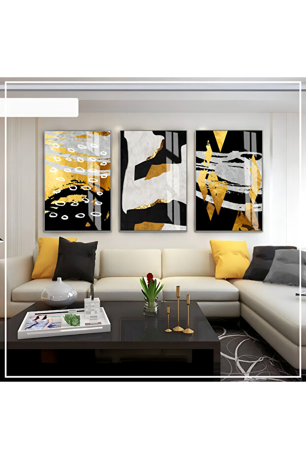 Hari̇kabi̇rev | Gray-Black-Gold Soft Color Abstract Set 02 | Framed Glass Table 3 Pieces Vertical