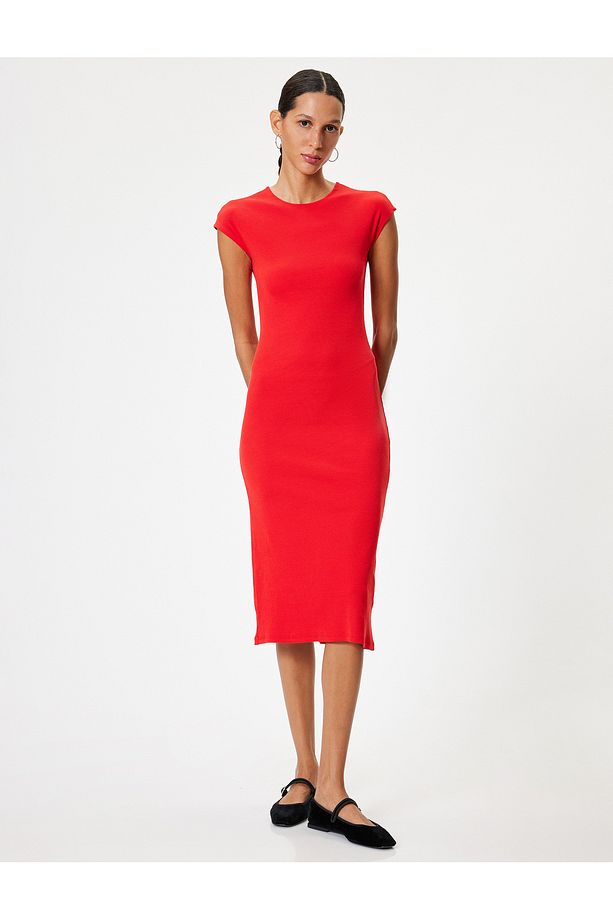 Midi Slip Elbise Bisiklet Yaka Kap Kol Slim Fit - 3