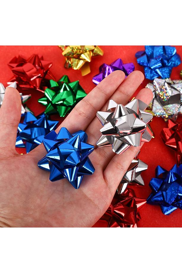 10 Adet Parlak Metalik Karışık Küçük Boy Fiyonk Hediye Poşeti Süsü Rafya Yapışkanlı Yıldız Süs - 7