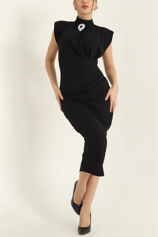 Black Brooch Detail Design Crepe Evening Dress 743