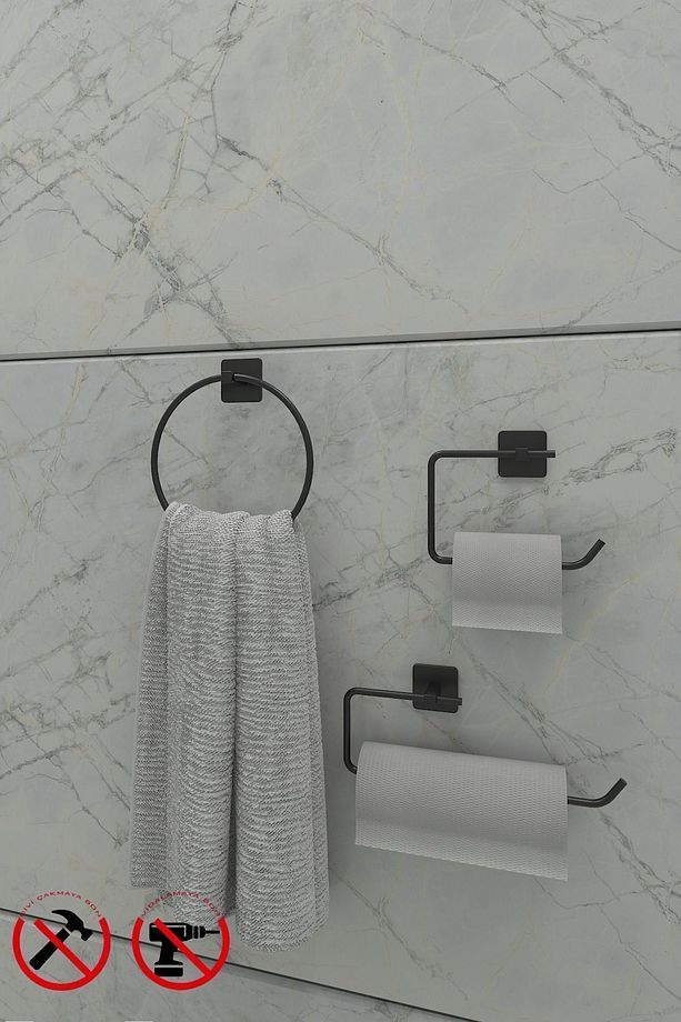 Jasmin Yapışkanlı Siyah Kare 3'lü Banyo Seti | Tuvalet Kağıtlığı, Solo Havluluk, Yuvarlak Havluluk - 1