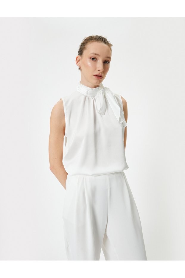 Satin Blouse - Scarf Collar Detail, Sleeveless, Standard Cut