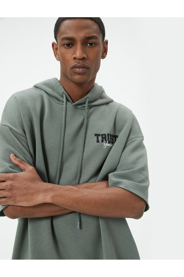 Sports Oversize Hooded Sweatshirt with Slogan Print, Short Sleeves, Long Length