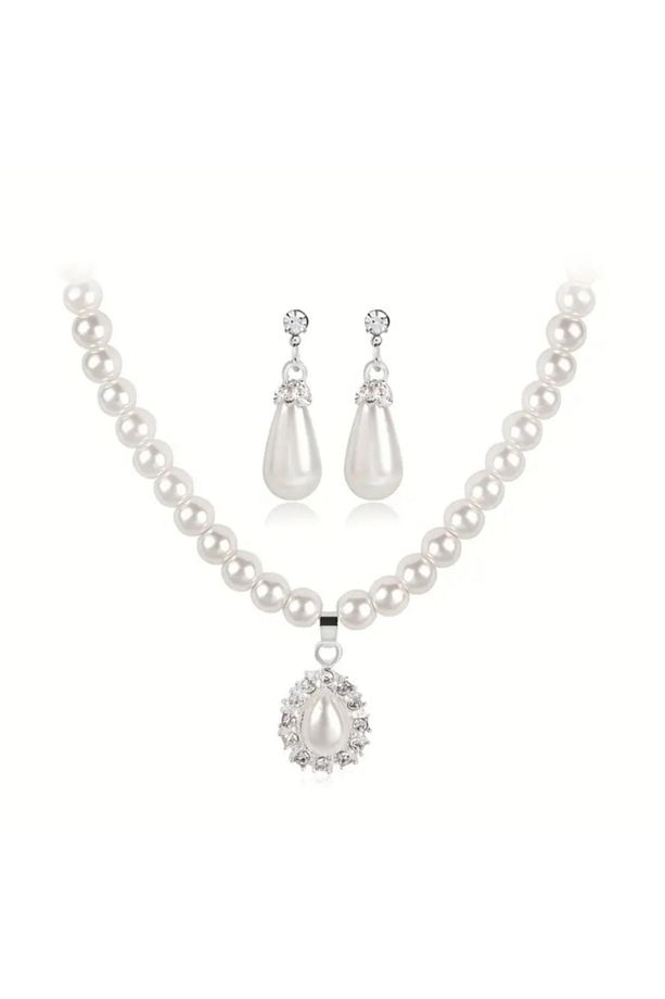 Taşlı İnci Kolye & Küpe Set - 6