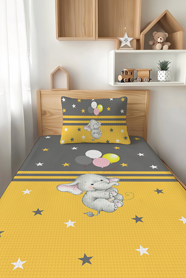 Yellow Balloon Elephant Patterned Single Child Pique Set Tlap-188