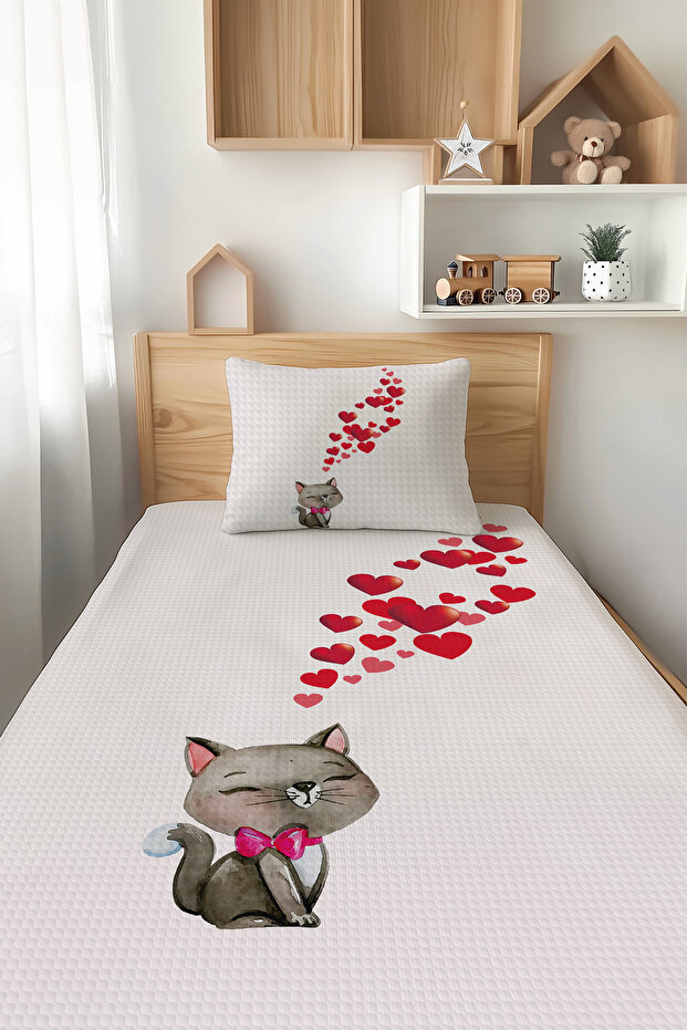 Heart and Cat Patterned Single Child Pique Set Tlap-157