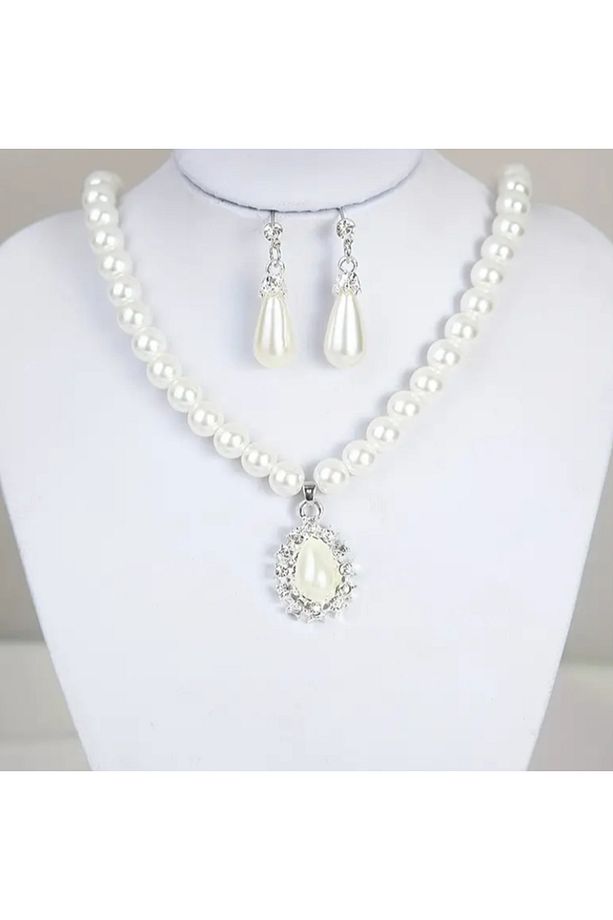 Taşlı İnci Kolye & Küpe Set - 5