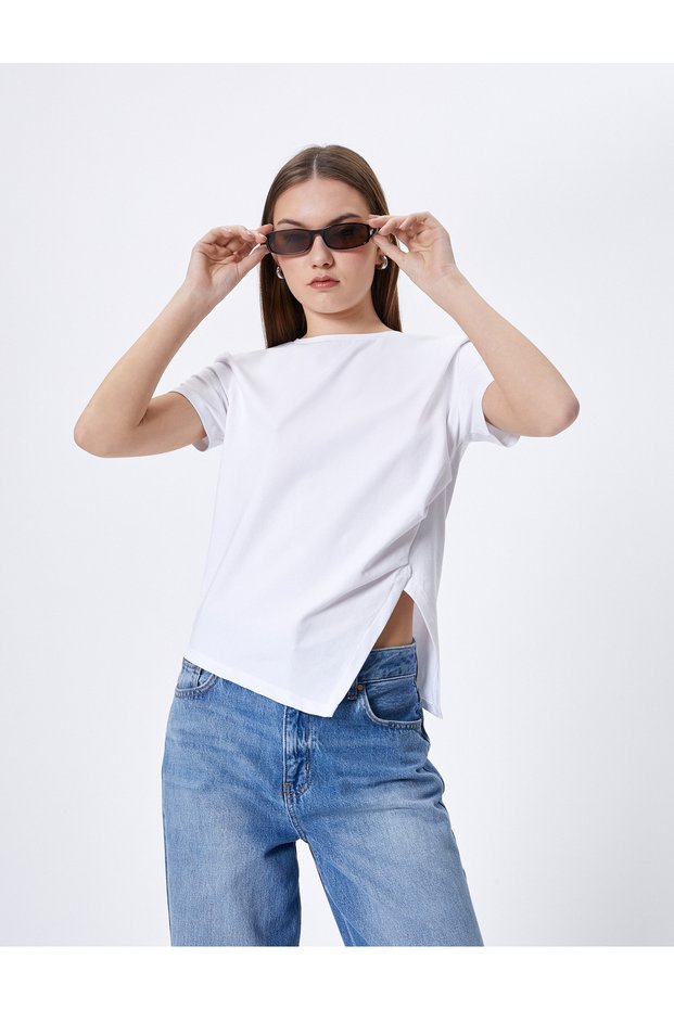 Front Slit Detailed Basic T-Shirt Short Sleeve Crew Neck Cotton