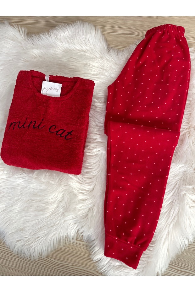 Red Mini Cat Patterned Fleece Pajamas Set with Front Plush Detail - 4