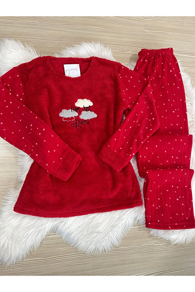 Red Star Patterned Plus Size Fleece Pajamas Set with Plush Detail on the Front - 6