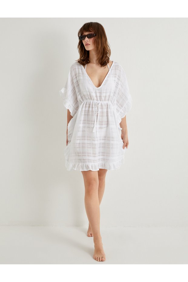 Oversize Beach Dress Mini Cotton Waist Tie V Neck