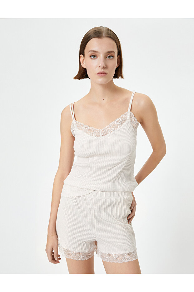 Pajamas Top with Thin Straps and Lace Detail Ribbed