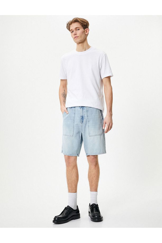 Oversize Kot Şort Bermuda Cepli Dikiş Detaylı Düğmeli - 2