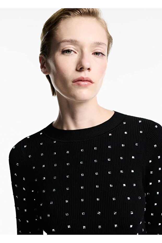 Strass detalı dokuma elbise - 7