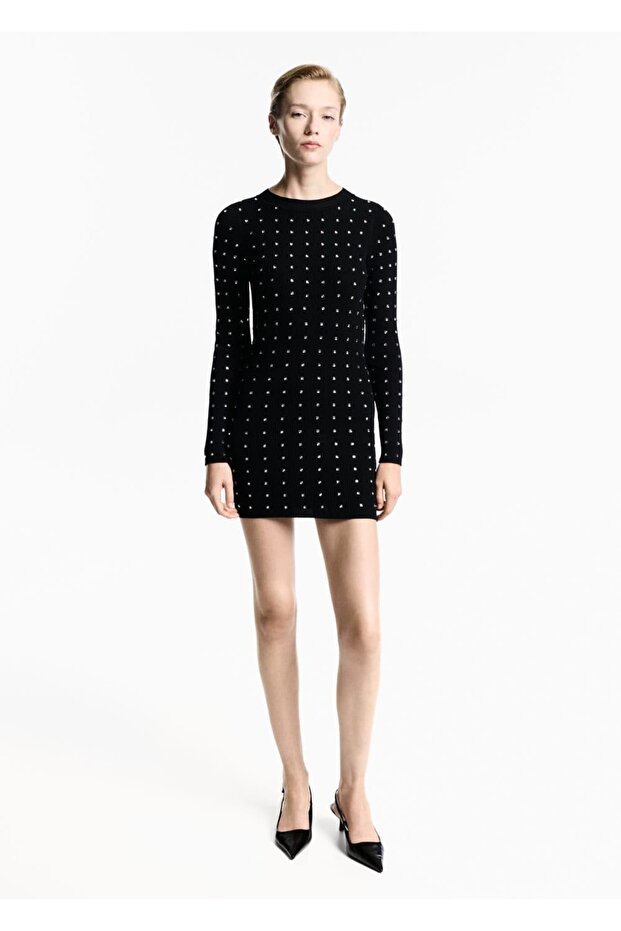 Strass detalı dokuma elbise - 2