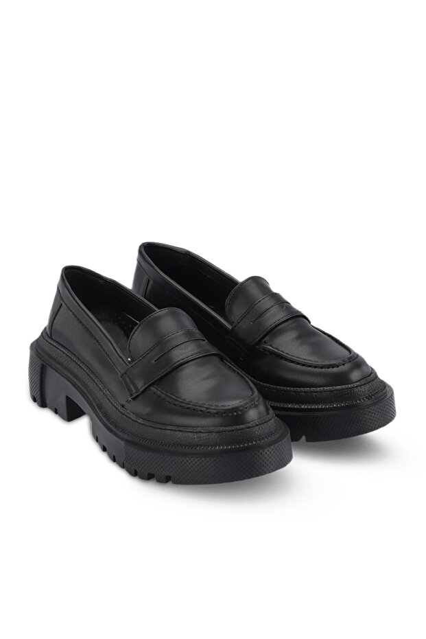 Women's Black Thick Sole Loafer Shoes Stylish Design