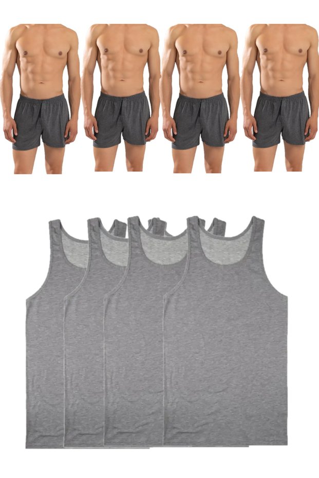 8 Pack Men's Combed Cotton Towel Waist Boxers and Singlets (4 Singlets 4 Boxers) -My0001