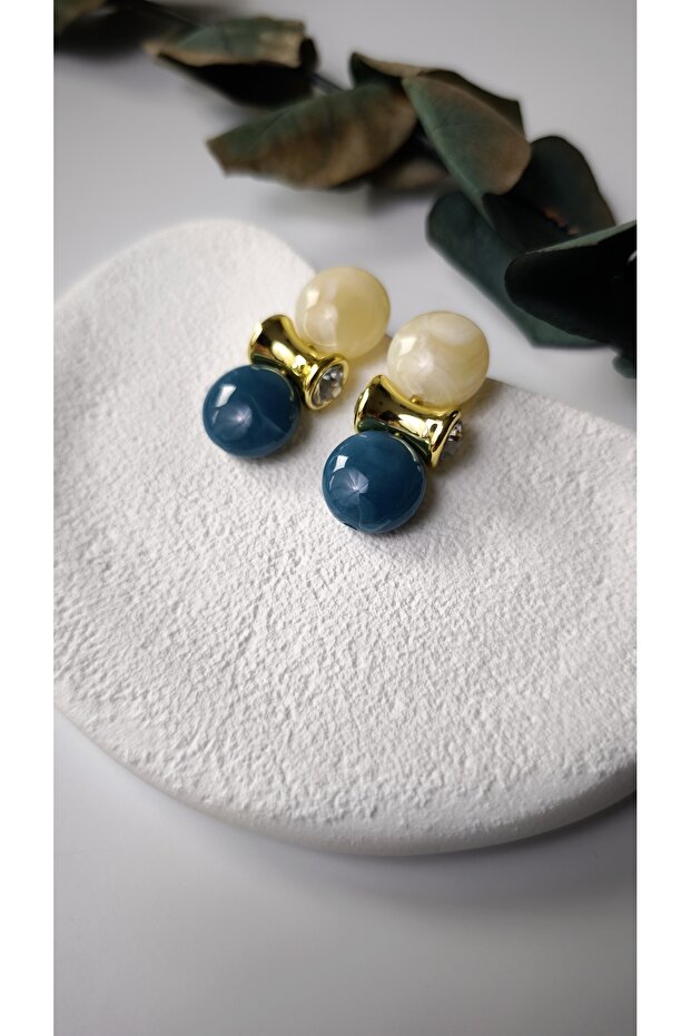 Blue&Cream Stone Zr Brand Gold Bead Earrings