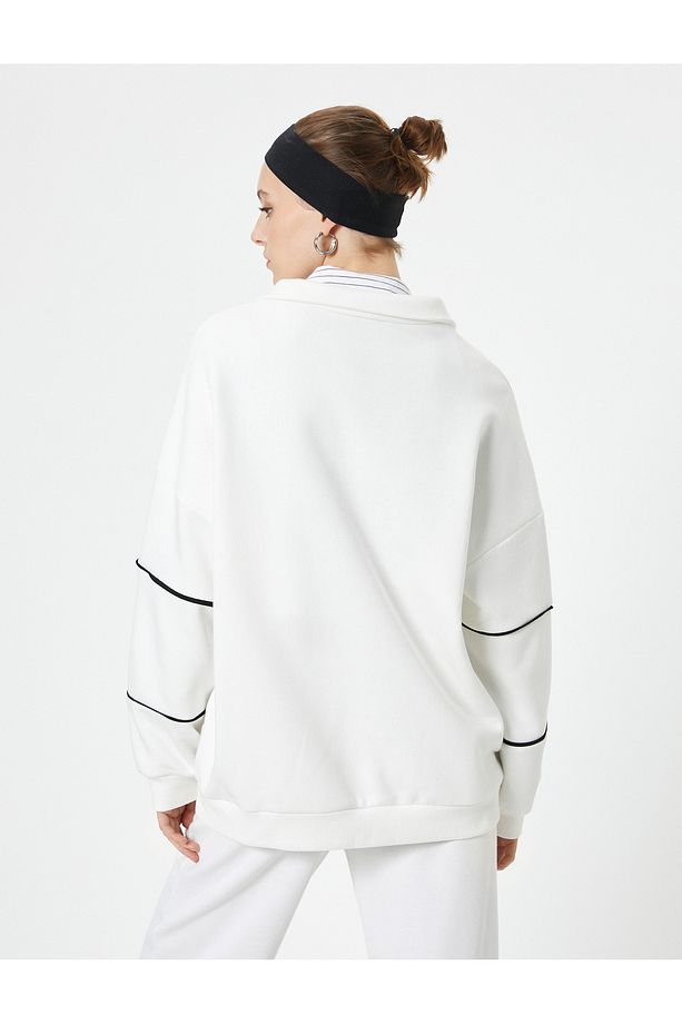 Oversize Sweatshirt Yarım Fermuarlı Dik Yaka Slogan Nakışlı - 4