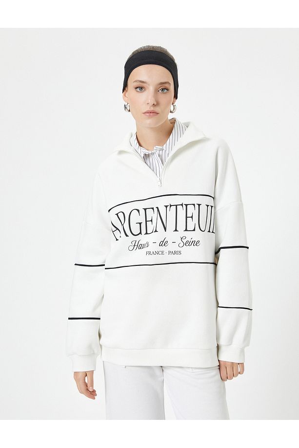 Oversize Sweatshirt Yarım Fermuarlı Dik Yaka Slogan Nakışlı - 3
