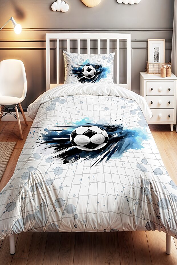 Blue Football Patterned Single Baby Kids Duvet Cover Set