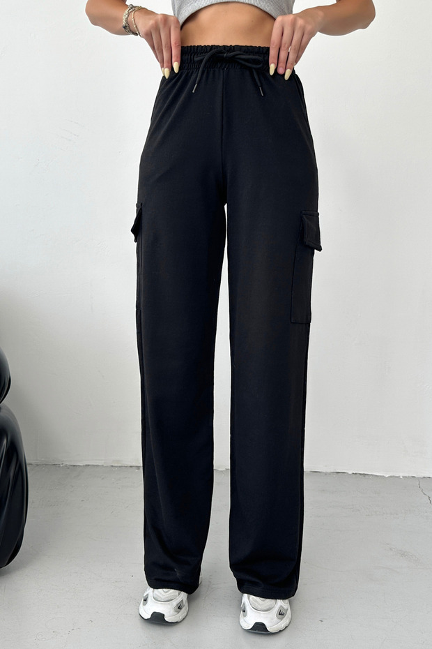 Women's Black Two Thread Waist Elastic Cargo Pocket Wide Leg Sweatpants