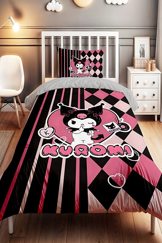 Black Pink Striped Heart Kuromi Patterned Single Baby Kids Duvet Cover Set