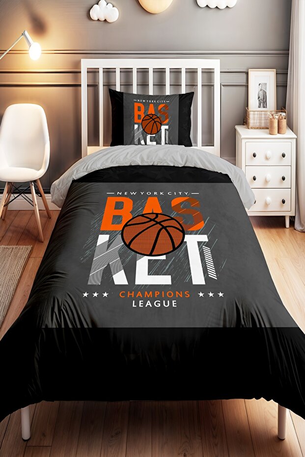 Gray Basketball League Patterned Single Baby Kids Duvet Cover Set