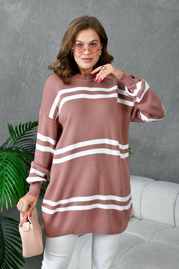 Striped Balloon Sleeve Crew Neck Long Sleeve Oversize Knitwear Tunic